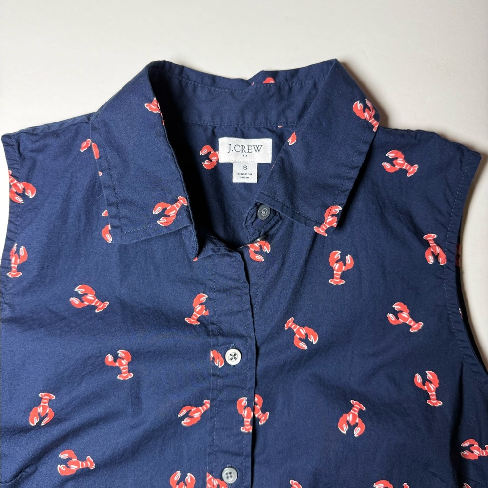 J. Crew Navy Button-Up Top with Red Lobster Print